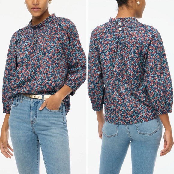 J. Crew Printed Smocked-Neck Top XL navy floral 3/4 sleeve blouse relaxed flowy - Picture 1 of 12